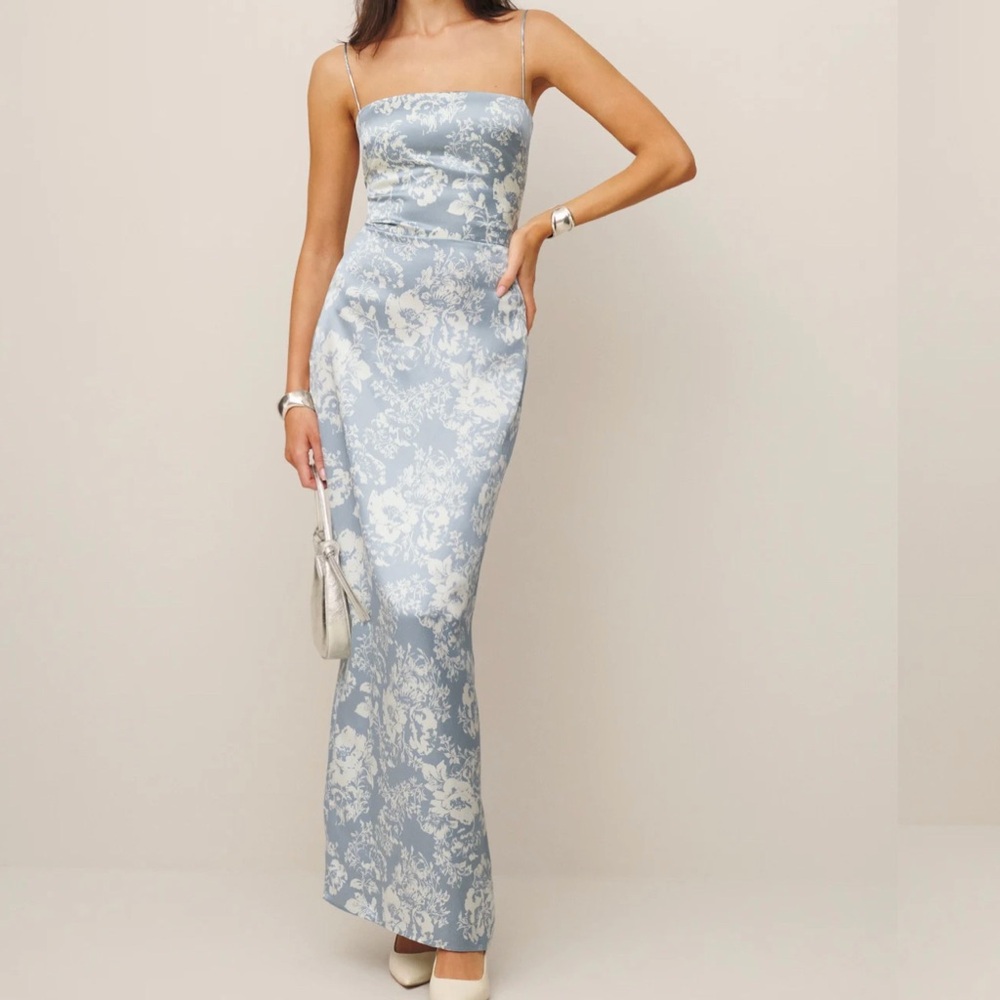 Reformation Frankie Silk Dress in Porcelain Blue White Floral Print